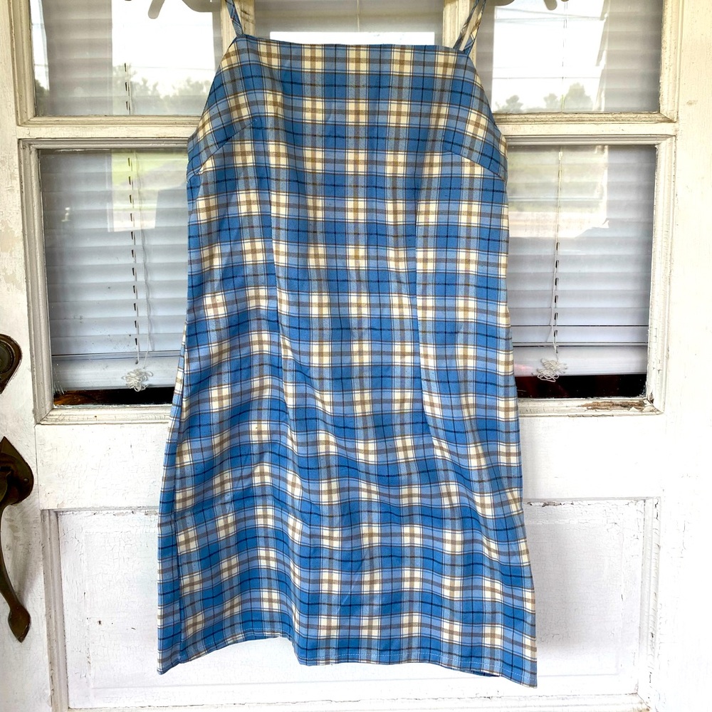 blue plaid mini dress